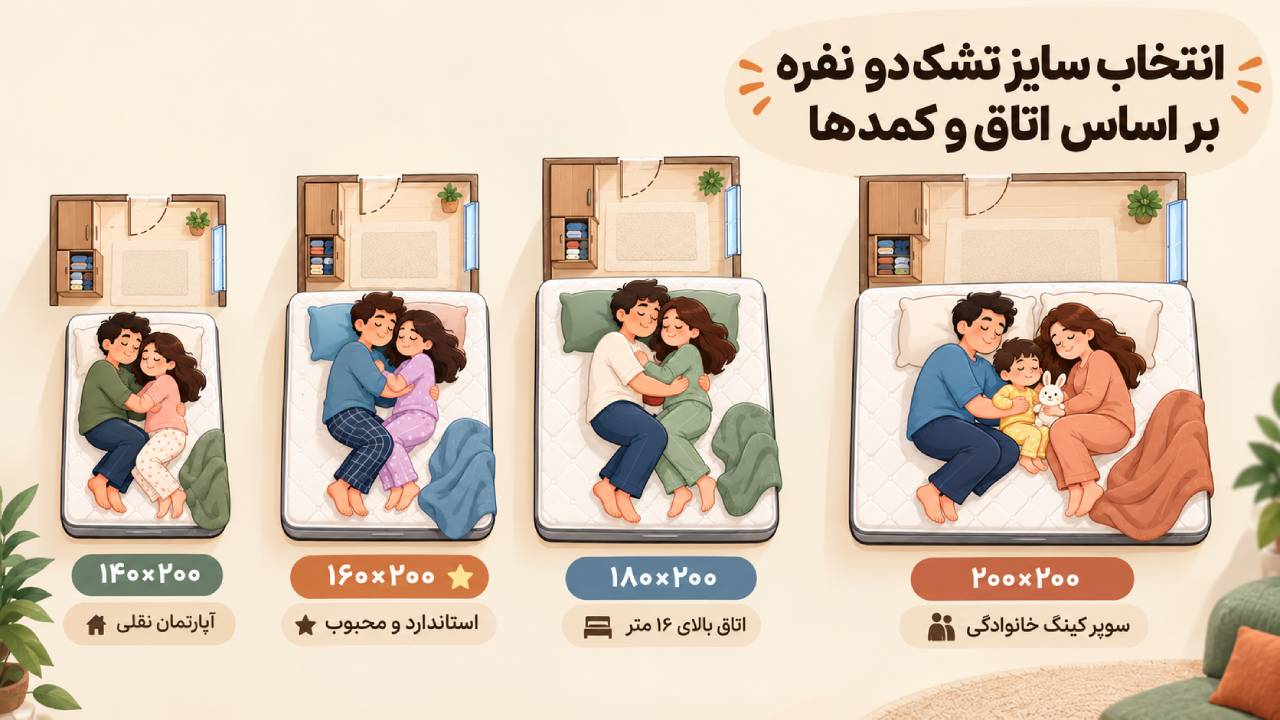 انتخاب سایز تشک دو نفره با در نظر گرفتن ابعاد اتاق و کمدها